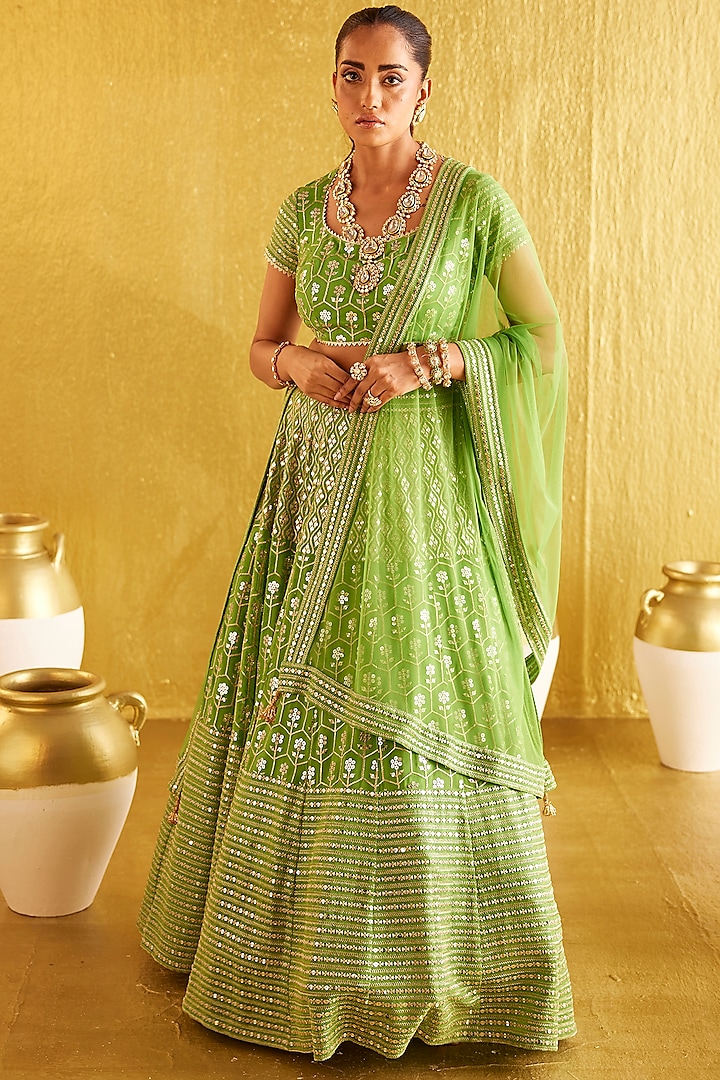 Parrot Green Georgette Zari & Sequins Embroidered Wedding Lehenga Set by EVRA BY NIKITA KHURANA at Pernia's Pop Up Shop