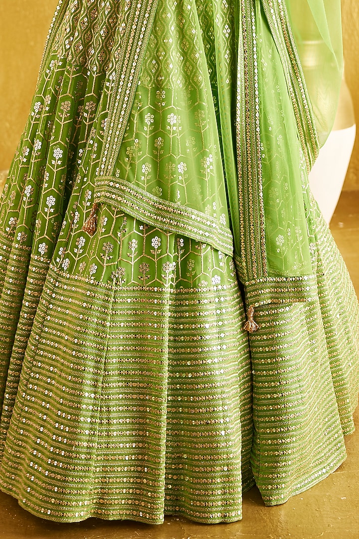 Parrot Green Georgette Zari & Sequins Embroidered Wedding Lehenga Set by EVRA BY NIKITA KHURANA at Pernia's Pop Up Shop