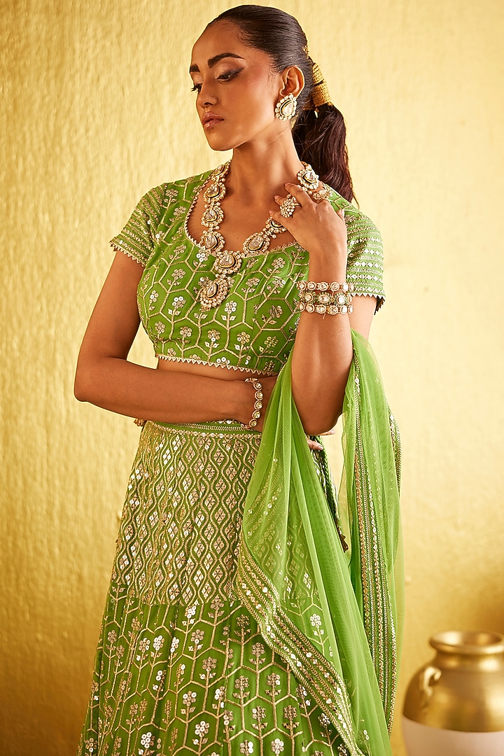 Parrot Green Georgette Zari & Sequins Embroidered Wedding Lehenga Set by EVRA BY NIKITA KHURANA at Pernia's Pop Up Shop