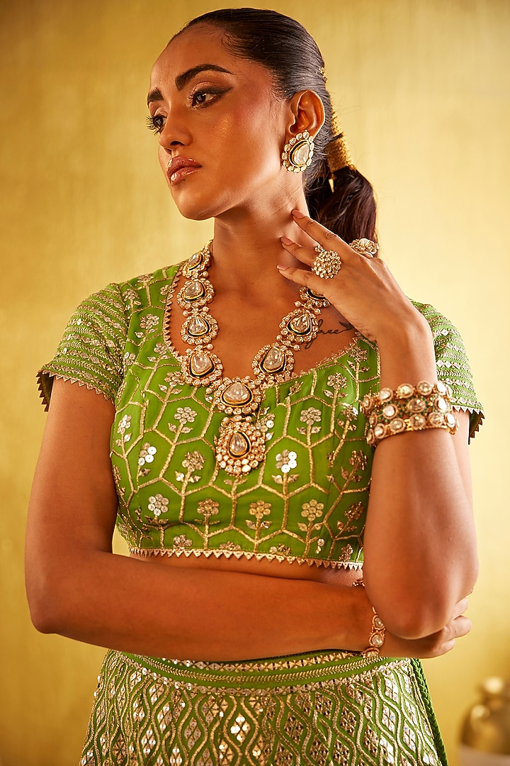 Parrot Green Georgette Zari & Sequins Embroidered Wedding Lehenga Set by EVRA BY NIKITA KHURANA at Pernia's Pop Up Shop