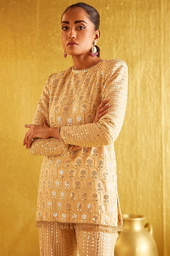 Gold Georgette Zari & Sequins Embroidered Co-Ord Set by EVRA BY NIKITA KHURANA at Pernia's Pop Up Shop
