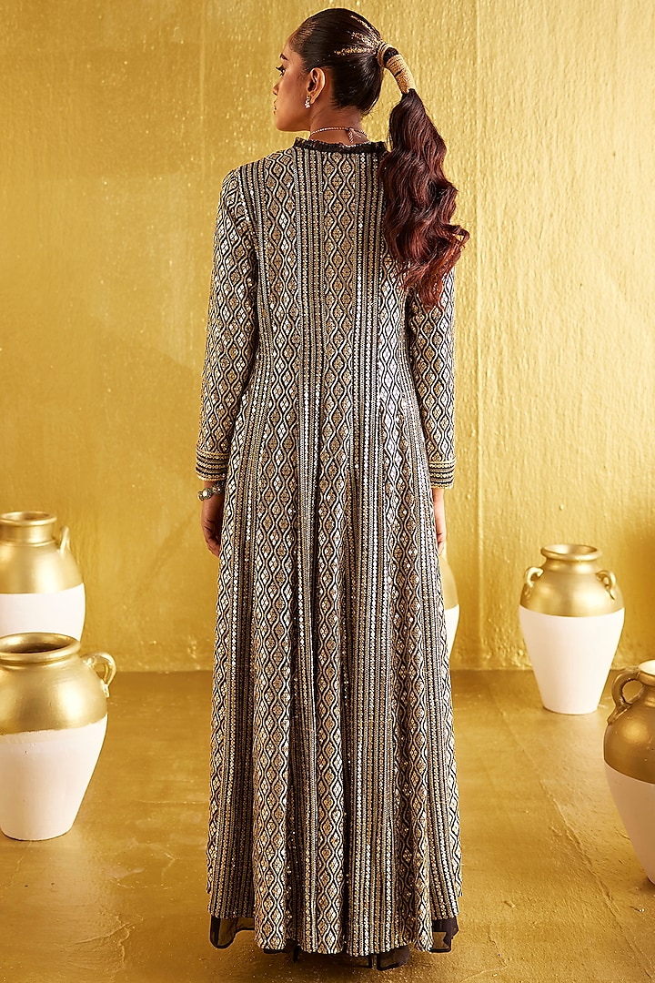 Black Georgette Zari & Sequins Embroidered Jacket Set by EVRA BY NIKITA KHURANA at Pernia's Pop Up Shop