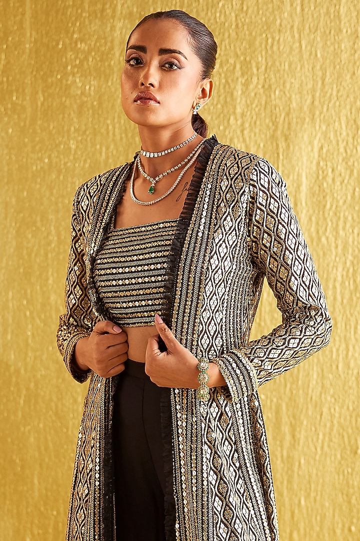 Black Georgette Zari & Sequins Embroidered Jacket Set by EVRA BY NIKITA KHURANA at Pernia's Pop Up Shop