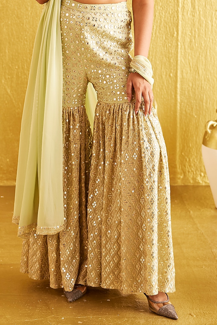 Green Georgette Zari & Sequins Embroidered Gharara Set by EVRA BY NIKITA KHURANA at Pernia's Pop Up Shop
