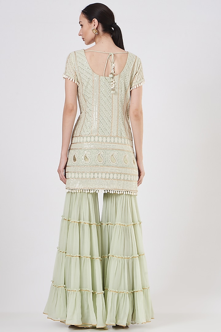 Mint Green Georgette Frilled Wedding Sharara Set by EVRA BY NIKITA KHURANA at Pernia's Pop Up Shop