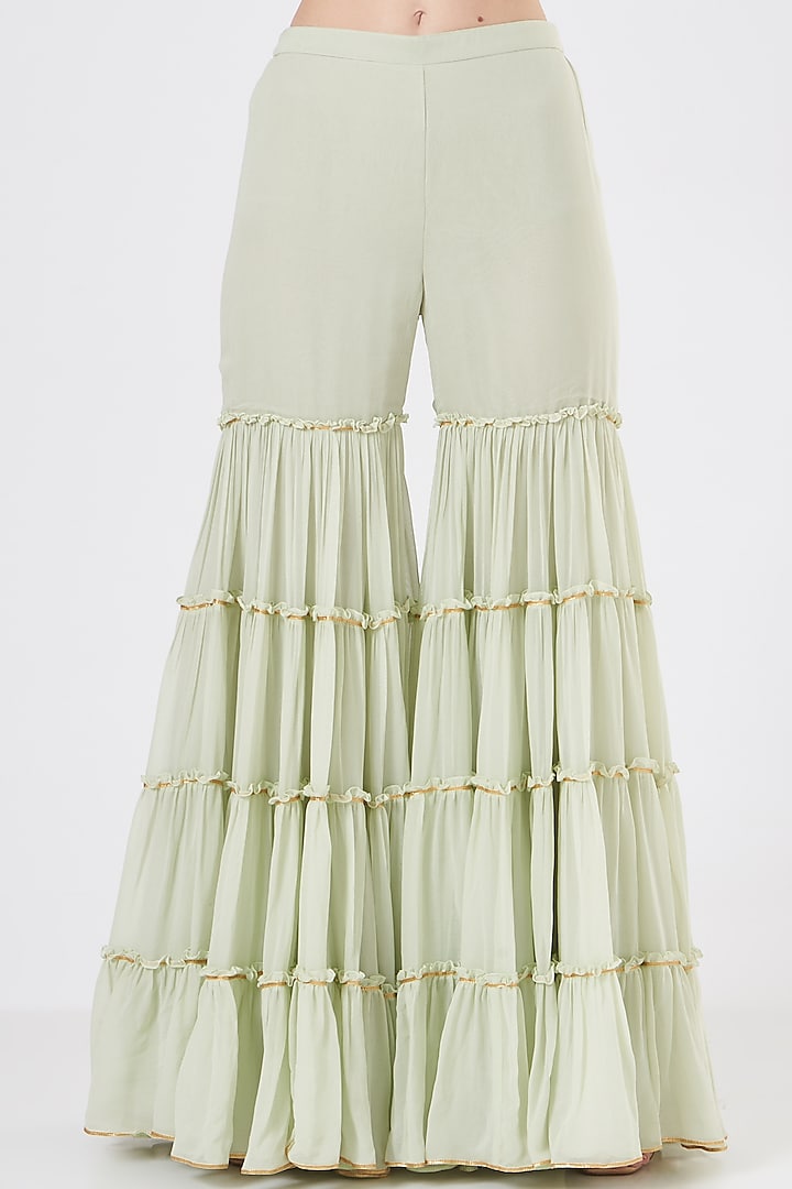 Mint Green Georgette Frilled Wedding Sharara Set by EVRA BY NIKITA KHURANA at Pernia's Pop Up Shop