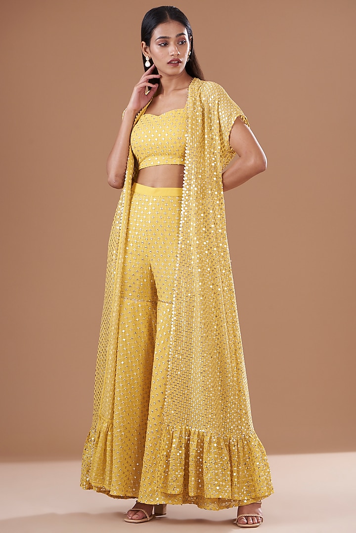 Yellow Georgette Embroidered Cape Set by EVRA BY NIKITA KHURANA