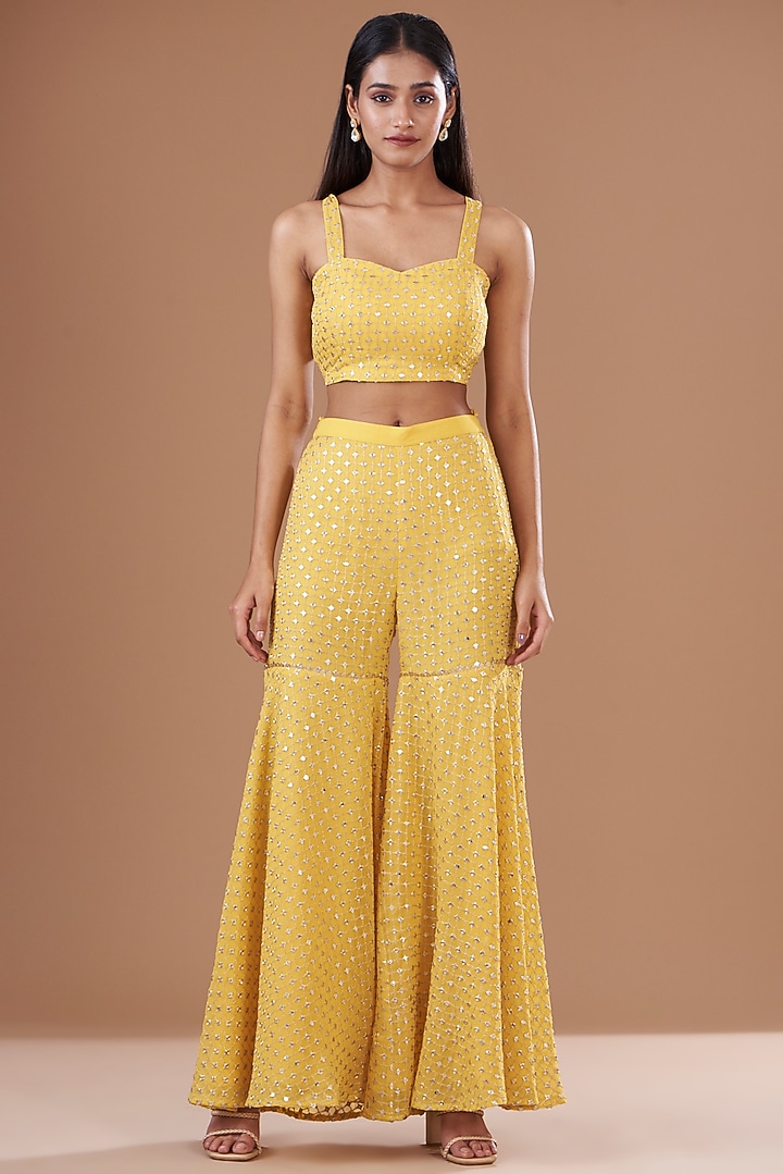 Yellow Georgette Embroidered Cape Set by EVRA BY NIKITA KHURANA at Pernia's Pop Up Shop