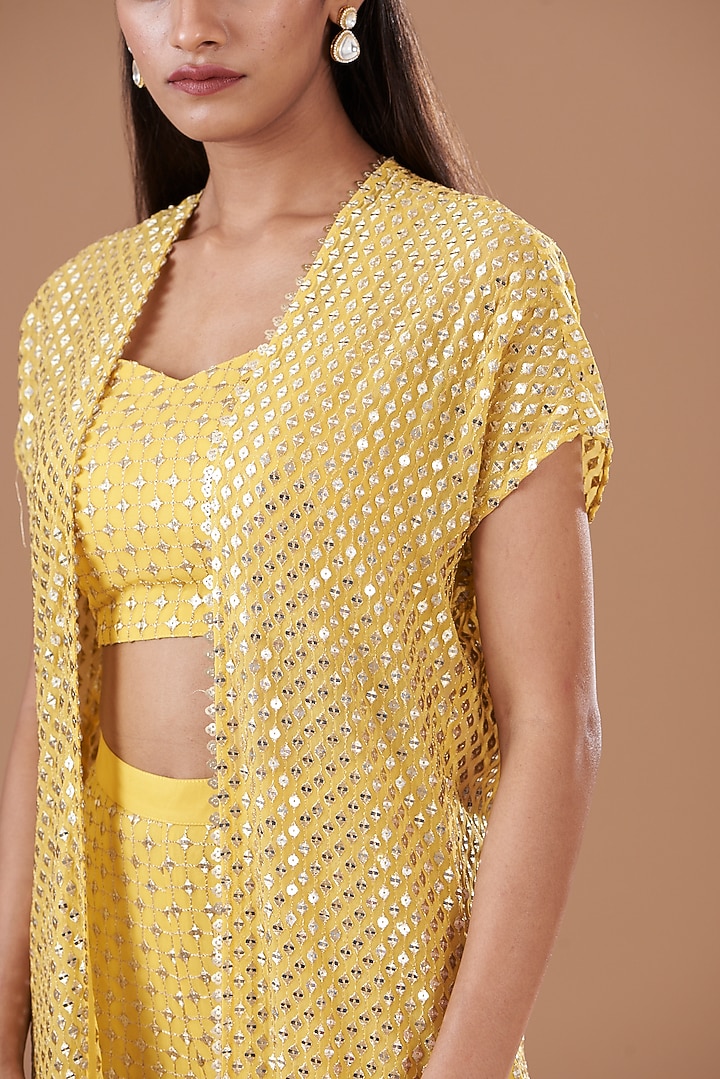 Yellow Georgette Embroidered Cape Set by EVRA BY NIKITA KHURANA at Pernia's Pop Up Shop