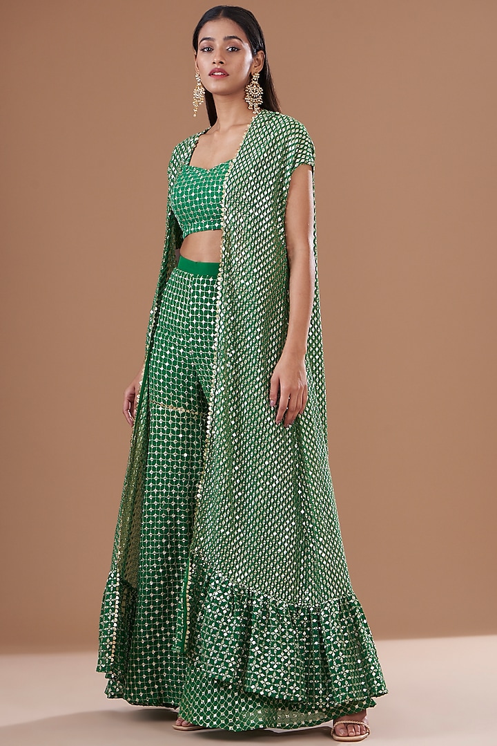 Green Georgette Embroidered Cape Set by EVRA BY NIKITA KHURANA