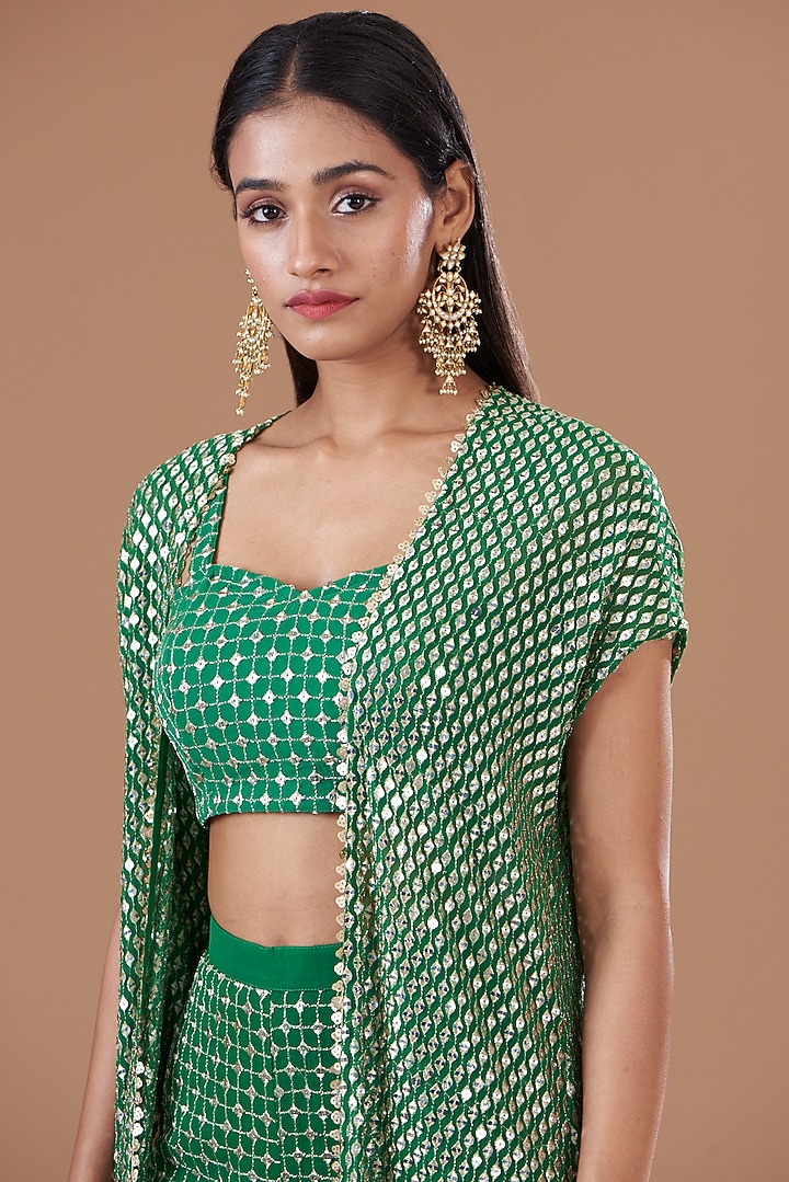 Green Georgette Embroidered Cape Set by EVRA BY NIKITA KHURANA at Pernia's Pop Up Shop