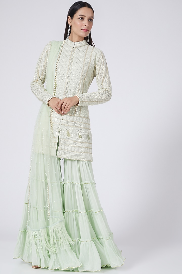 Mint Green Georgette Sharara Set by EVRA BY NIKITA KHURANA