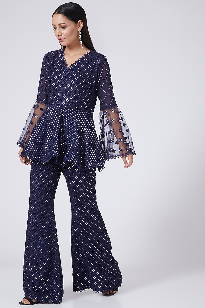 Dark Navy Blue Embroidered Co-Ord Set by EVRA BY NIKITA KHURANA at Pernia's Pop Up Shop