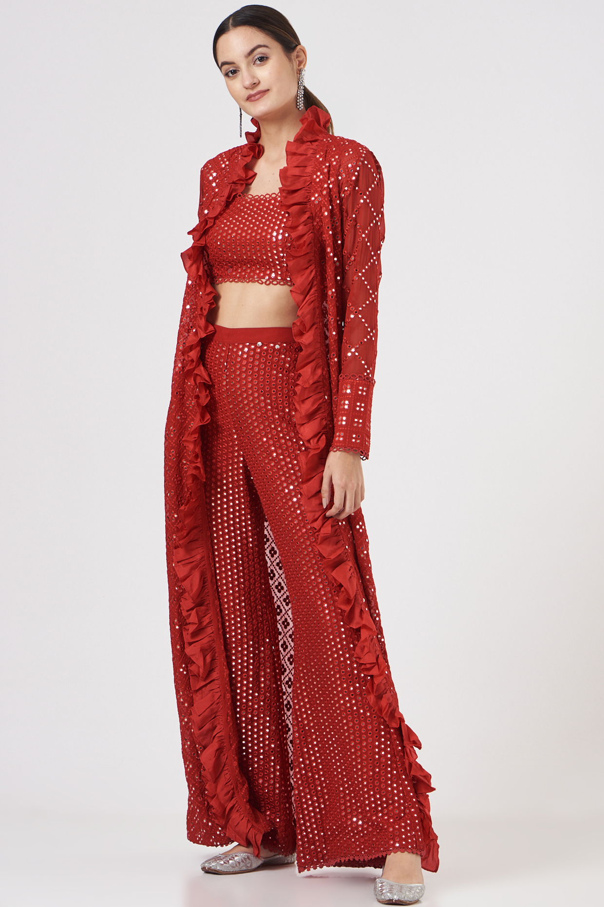Red Georgette Pant Set by EVRA BY NIKITA KHURANA at Pernia's Pop Up Shop