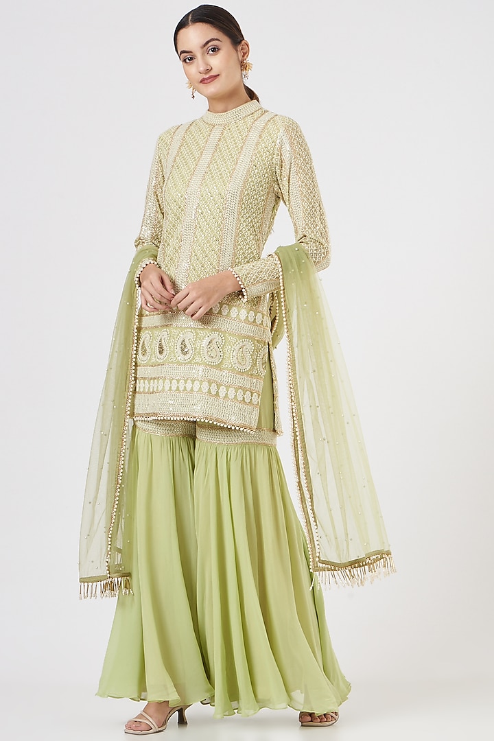 Mehendi Green Chikankari Gharara Set by EVRA BY NIKITA KHURANA