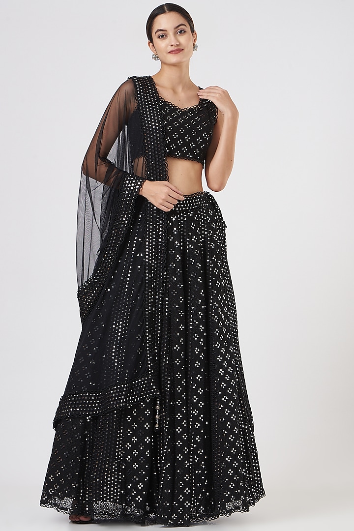 Black Mirror Embroidered Lehenga Set by EVRA BY NIKITA KHURANA