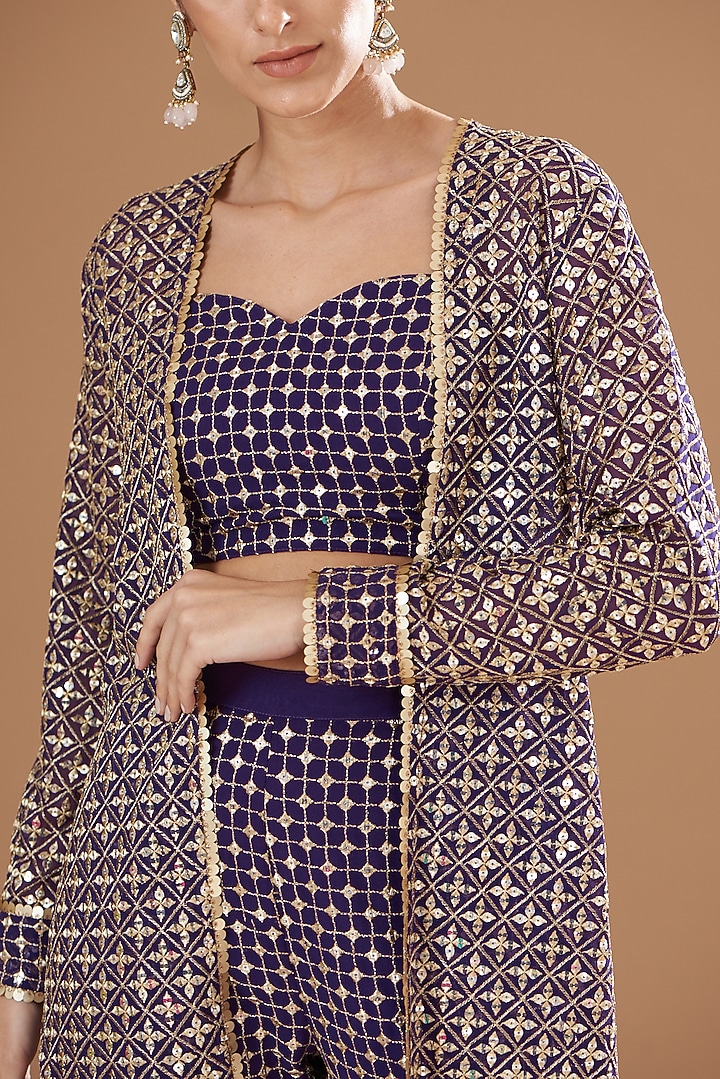 Blue Georgette Embroidered Jacket Set by EVRA BY NIKITA KHURANA at Pernia's Pop Up Shop