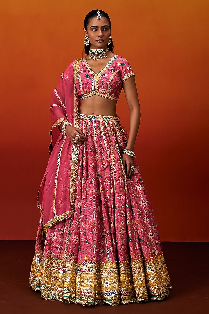 Pink Cotton Silk Gota Embroidered Patola Printed Wedding Lehenga Set by EVRA BY NIKITA KHURANA at Pernia's Pop Up Shop