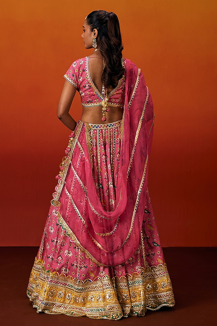Pink Cotton Silk Gota Embroidered Patola Printed Wedding Lehenga Set by EVRA BY NIKITA KHURANA at Pernia's Pop Up Shop