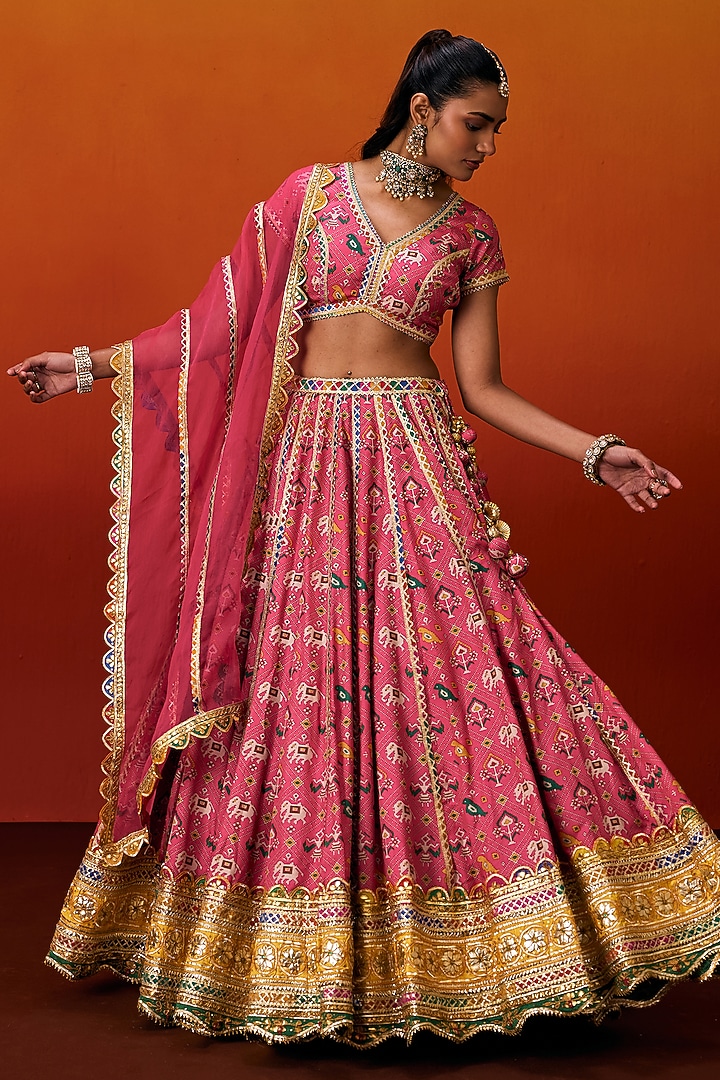 Pink Cotton Silk Gota Embroidered Patola Printed Wedding Lehenga Set by EVRA BY NIKITA KHURANA at Pernia's Pop Up Shop