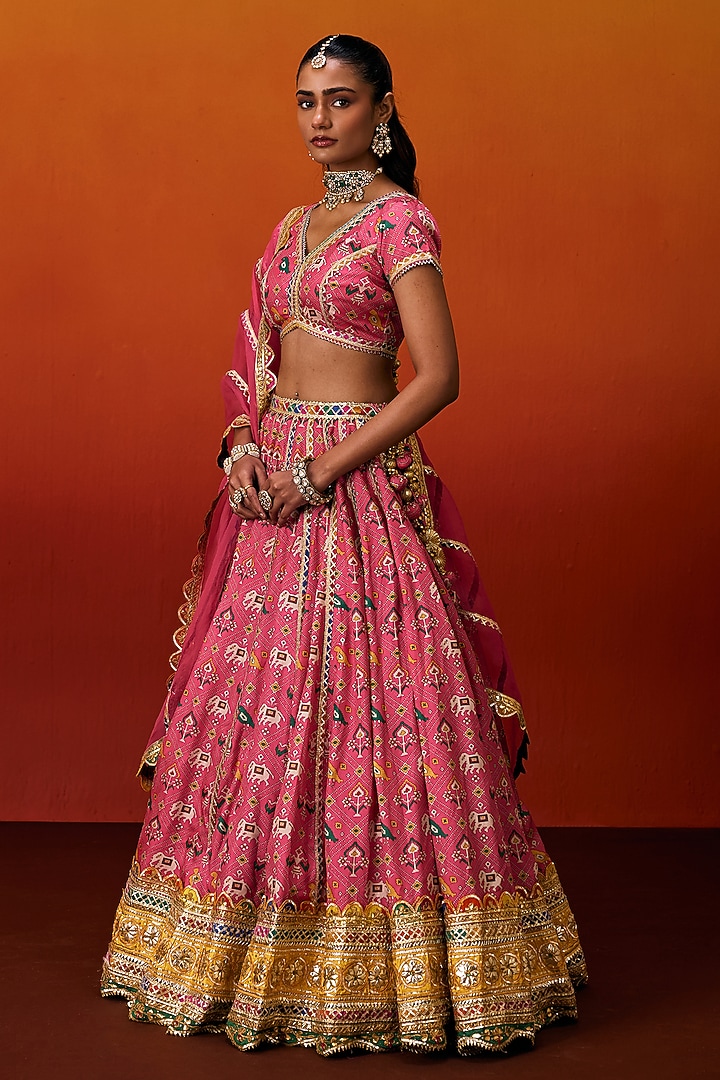 Pink Cotton Silk Gota Embroidered Patola Printed Wedding Lehenga Set by EVRA BY NIKITA KHURANA at Pernia's Pop Up Shop