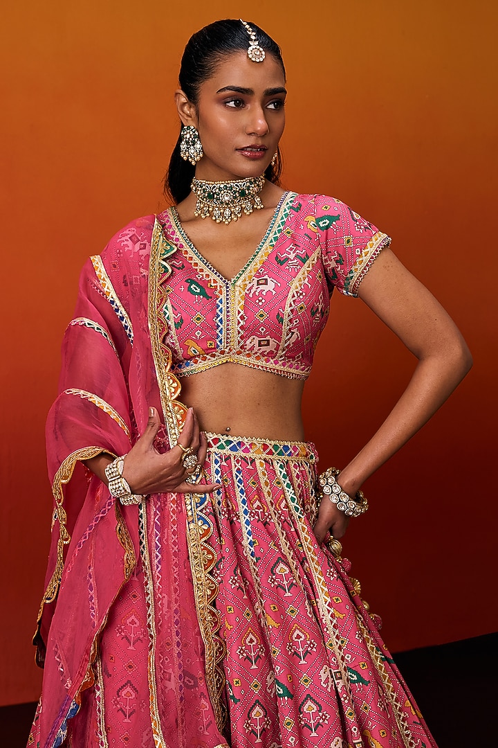 Pink Cotton Silk Gota Embroidered Patola Printed Wedding Lehenga Set by EVRA BY NIKITA KHURANA at Pernia's Pop Up Shop