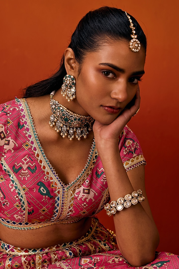 Pink Cotton Silk Gota Embroidered Patola Printed Wedding Lehenga Set by EVRA BY NIKITA KHURANA at Pernia's Pop Up Shop