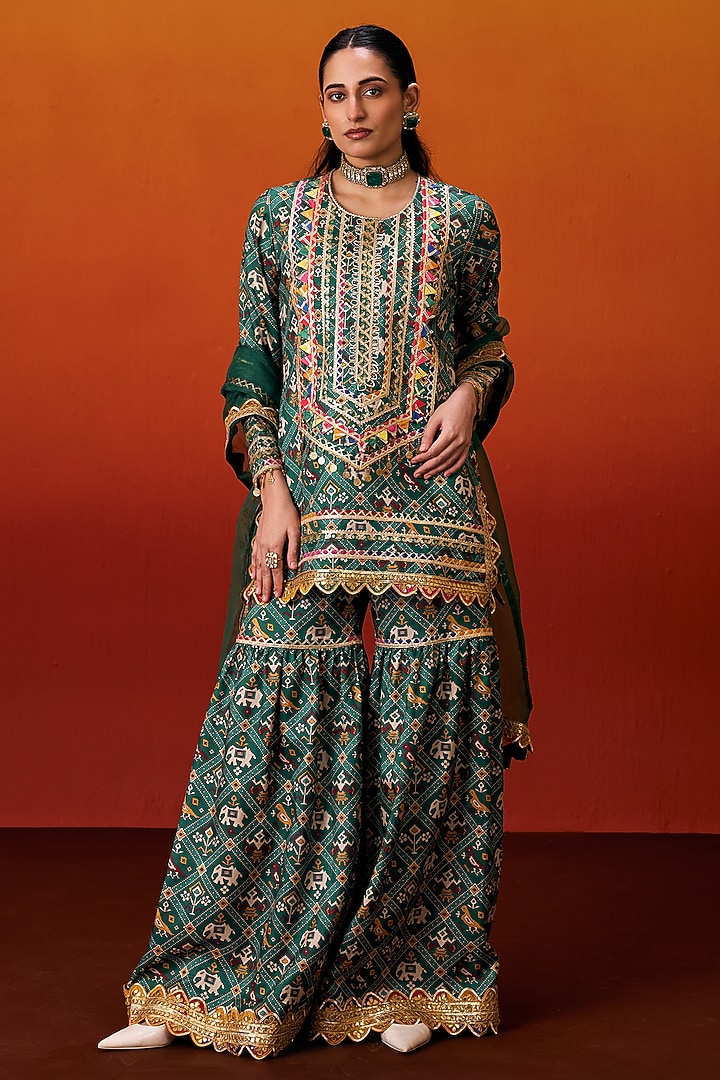 Green Cotton Silk Gota Embroidered Patola Printed Party Wear Sharara Set by EVRA BY NIKITA KHURANA at Pernia's Pop Up Shop
