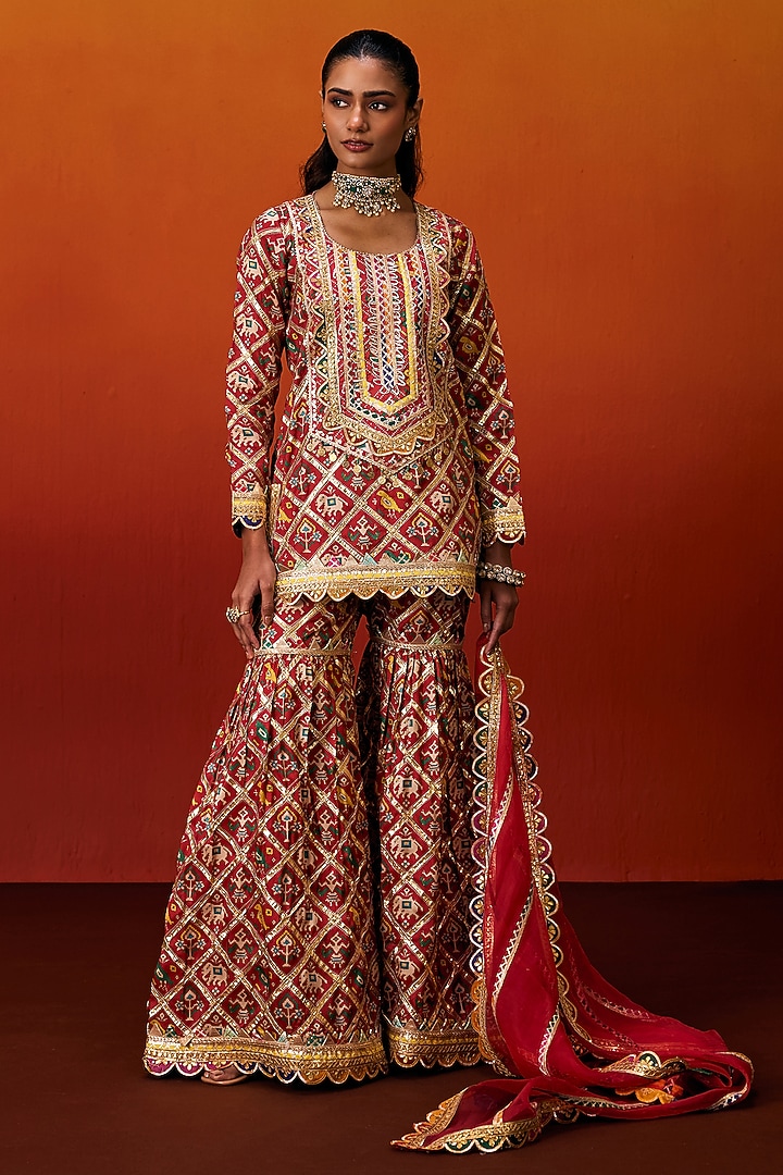 Red Cotton Silk Gota Embroidered Patola Printed  Party Wear Sharara Set by EVRA BY NIKITA KHURANA at Pernia's Pop Up Shop
