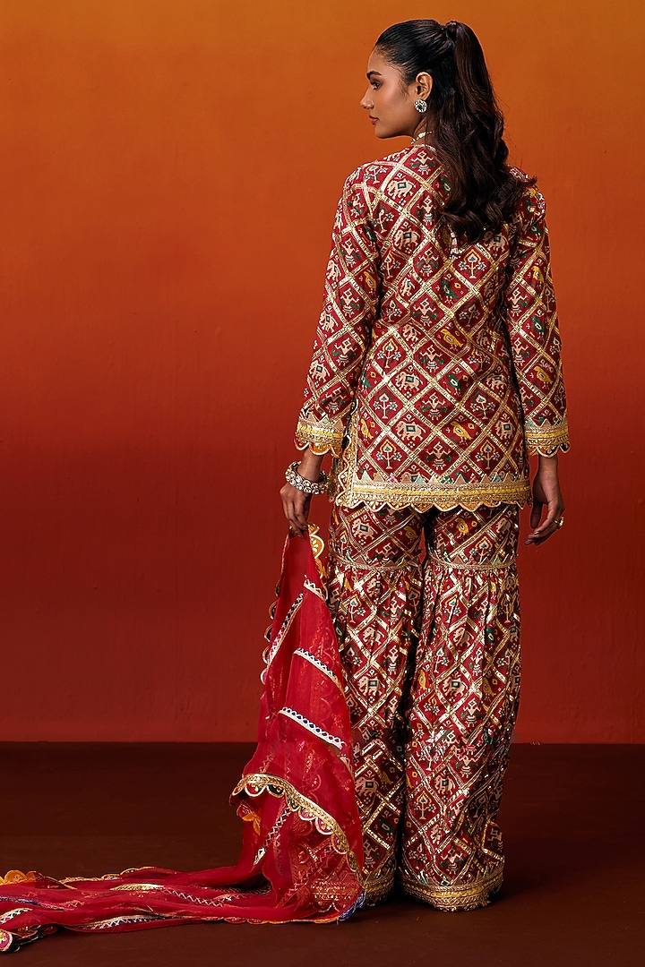 Red Cotton Silk Gota Embroidered Patola Printed Party Wear Sharara Set by EVRA BY NIKITA KHURANA at Pernia's Pop Up Shop