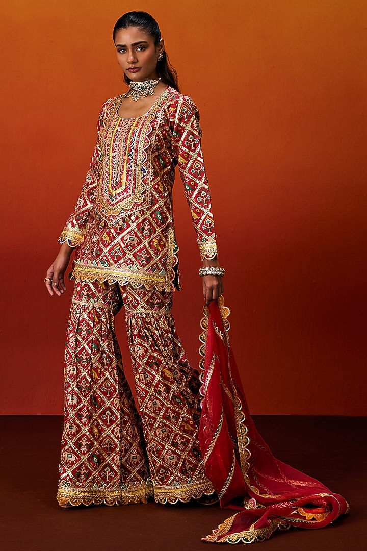 Red Cotton Silk Gota Embroidered Patola Printed Party Wear Sharara Set by EVRA BY NIKITA KHURANA at Pernia's Pop Up Shop