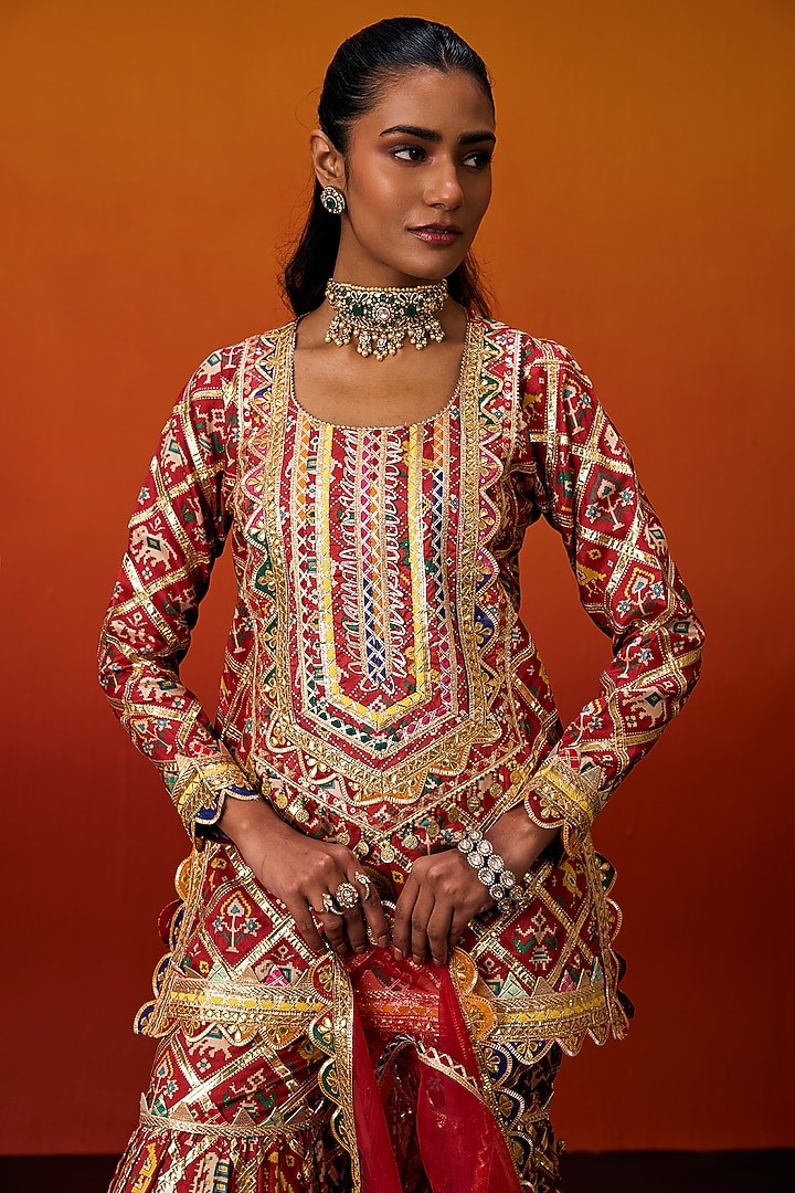 Red Cotton Silk Gota Embroidered Patola Printed Party Wear Sharara Set by EVRA BY NIKITA KHURANA at Pernia's Pop Up Shop
