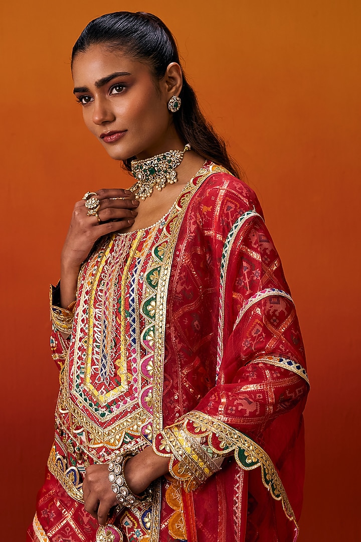 Red Cotton Silk Gota Embroidered Patola Printed Party Wear Sharara Set by EVRA BY NIKITA KHURANA at Pernia's Pop Up Shop