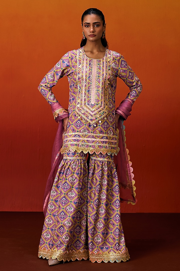 Light Pink Cotton Silk Gota Embroidered Patola Printed  Party Wear Sharara Set by EVRA BY NIKITA KHURANA at Pernia's Pop Up Shop