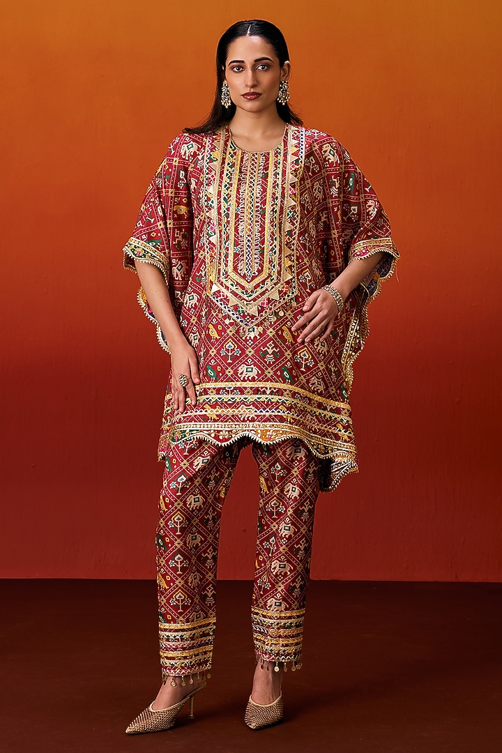 Red Cotton Silk Patola Print Gota Embroidered Kurta Set by EVRA BY NIKITA KHURANA at Pernia's Pop Up Shop