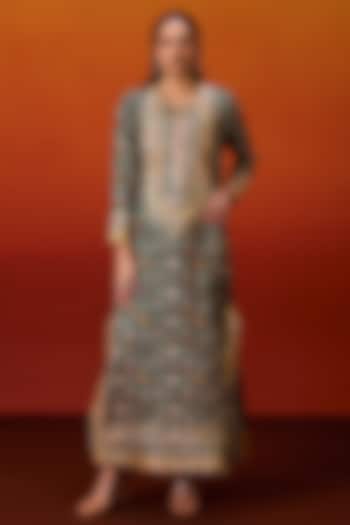 Green Cotton Silk Patola Print Gota Embroidered Long Kaftan by EVRA BY NIKITA KHURANA at Pernia's Pop Up Shop