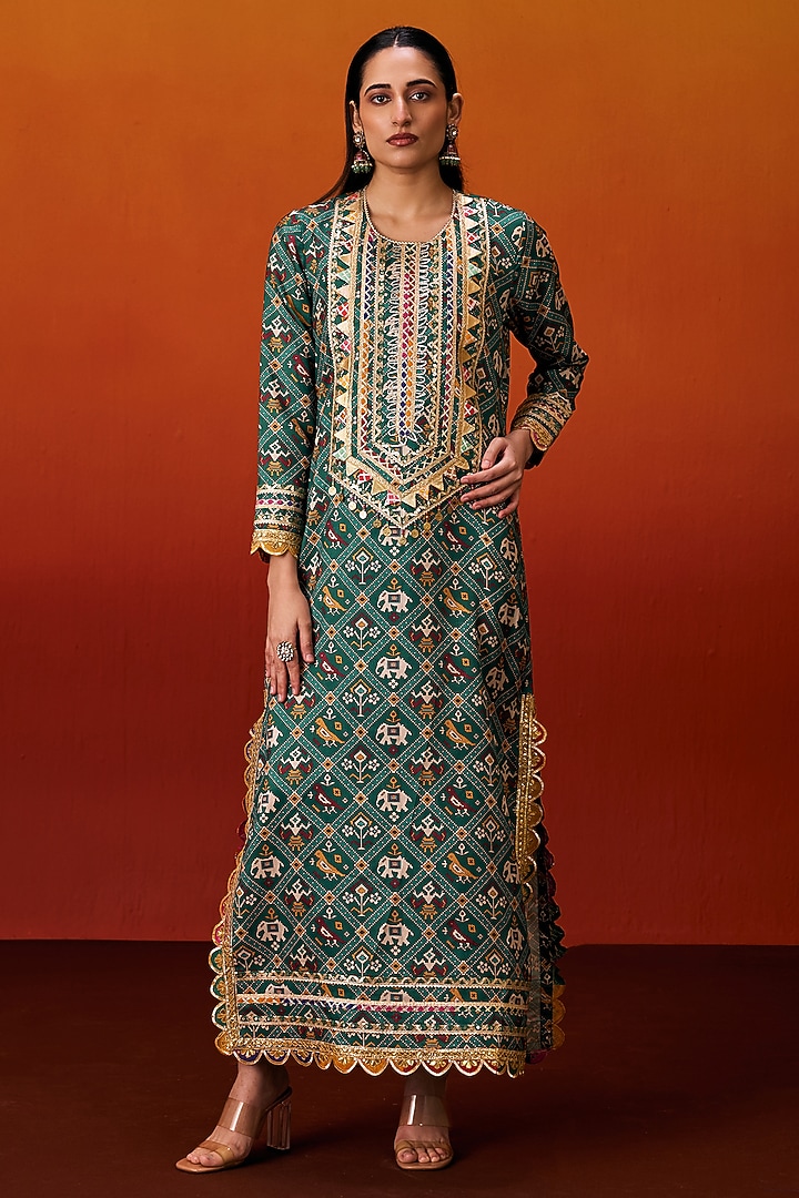 Green Cotton Silk Patola Print Gota Embroidered Long Kaftan by EVRA BY NIKITA KHURANA at Pernia's Pop Up Shop