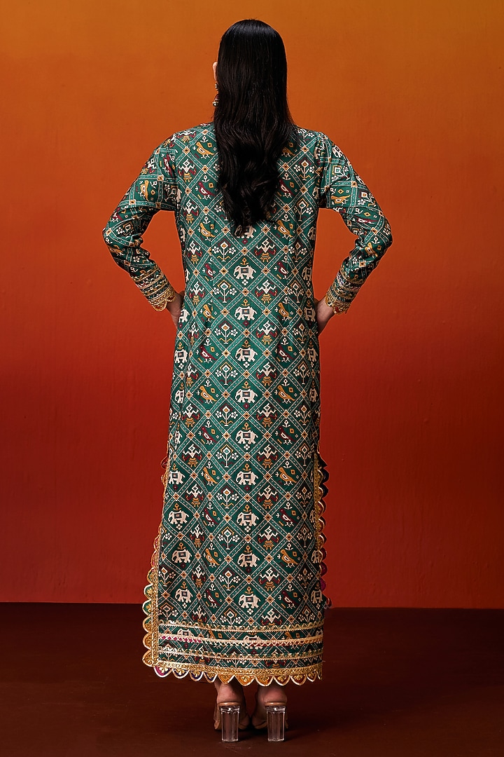 Green Cotton Silk Patola Print Gota Embroidered Long Kaftan by EVRA BY NIKITA KHURANA at Pernia's Pop Up Shop