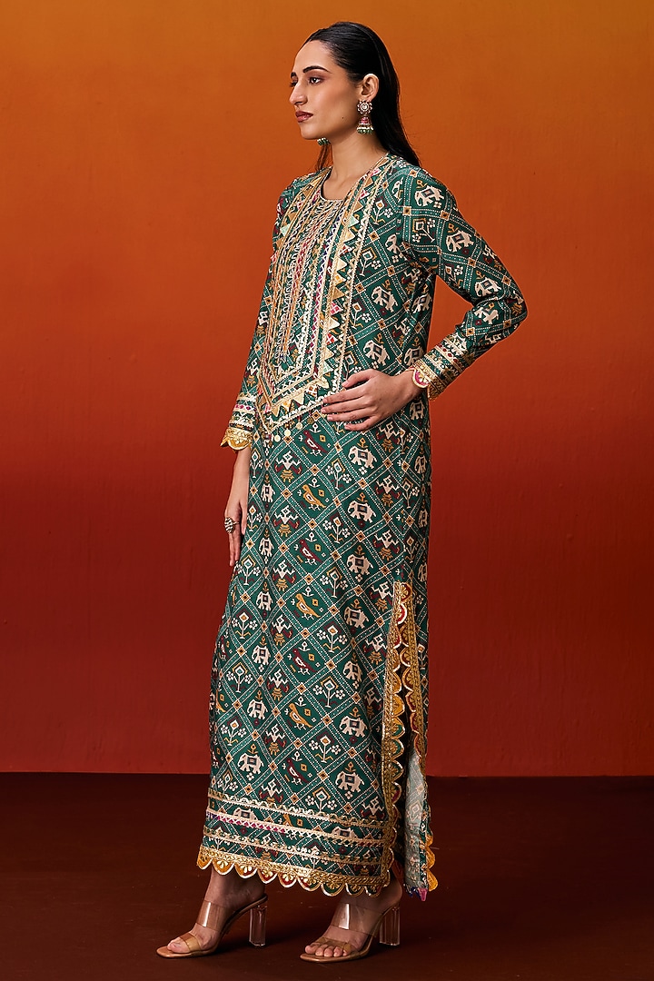 Green Cotton Silk Patola Print Gota Embroidered Long Kaftan by EVRA BY NIKITA KHURANA at Pernia's Pop Up Shop