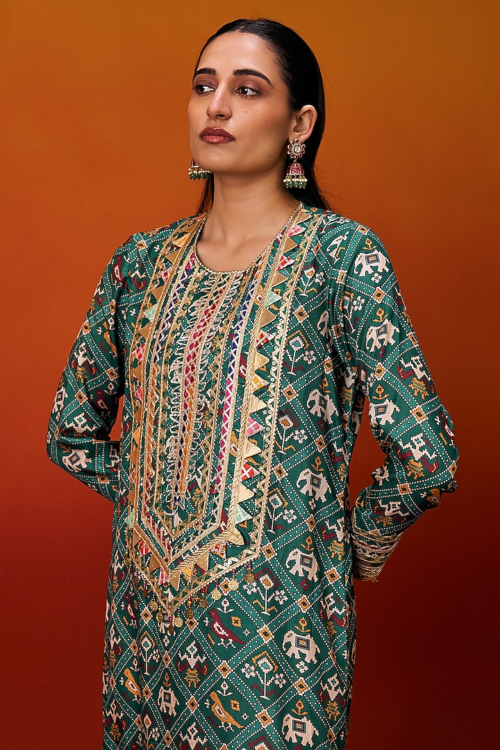 Green Cotton Silk Patola Print Gota Embroidered Long Kaftan by EVRA BY NIKITA KHURANA at Pernia's Pop Up Shop