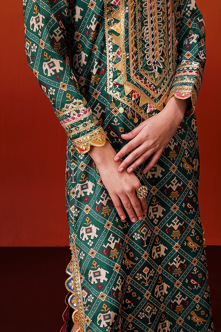 Green Cotton Silk Patola Print Gota Embroidered Long Kaftan by EVRA BY NIKITA KHURANA at Pernia's Pop Up Shop