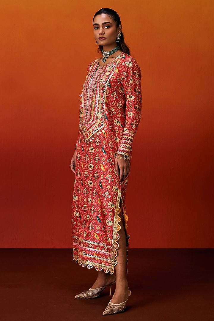 Orange Cotton Silk Patola Print Gota Embroidered Long Kaftan by EVRA BY NIKITA KHURANA at Pernia's Pop Up Shop