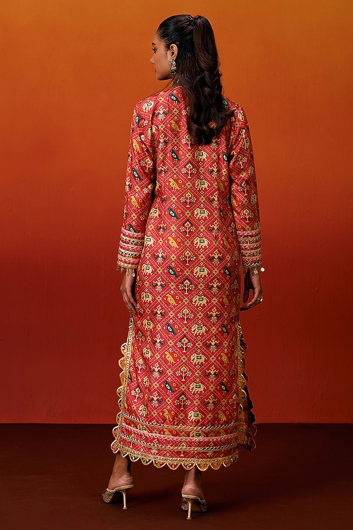 Orange Cotton Silk Patola Print Gota Embroidered Long Kaftan by EVRA BY NIKITA KHURANA at Pernia's Pop Up Shop