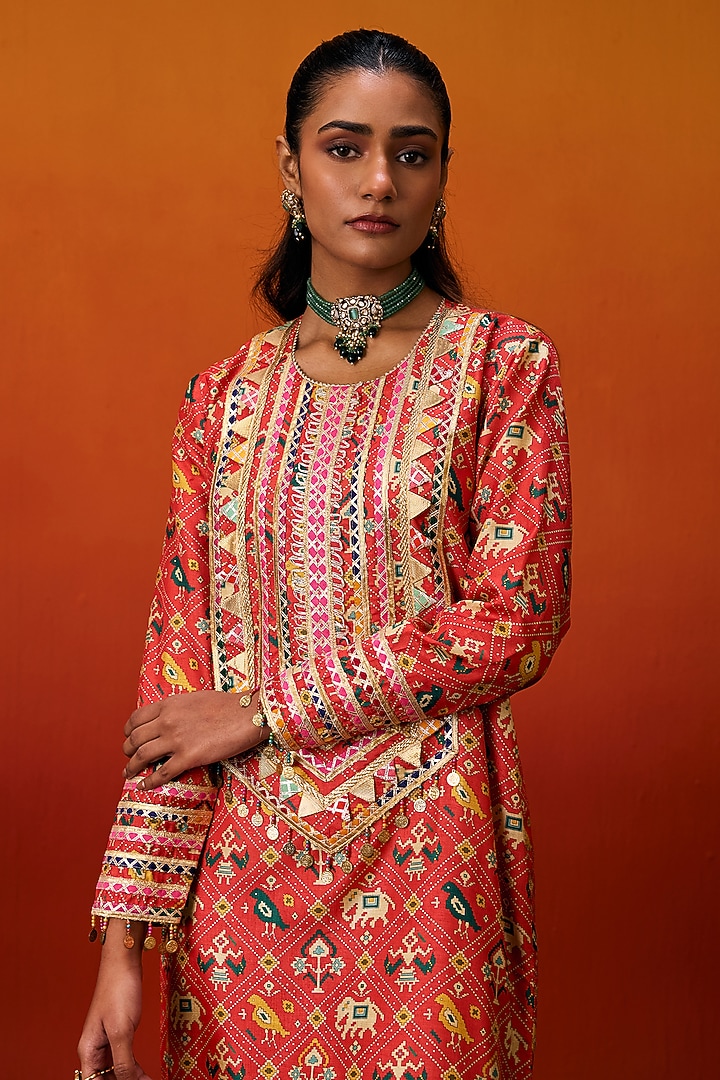 Orange Cotton Silk Patola Print Gota Embroidered Long Kaftan by EVRA BY NIKITA KHURANA at Pernia's Pop Up Shop