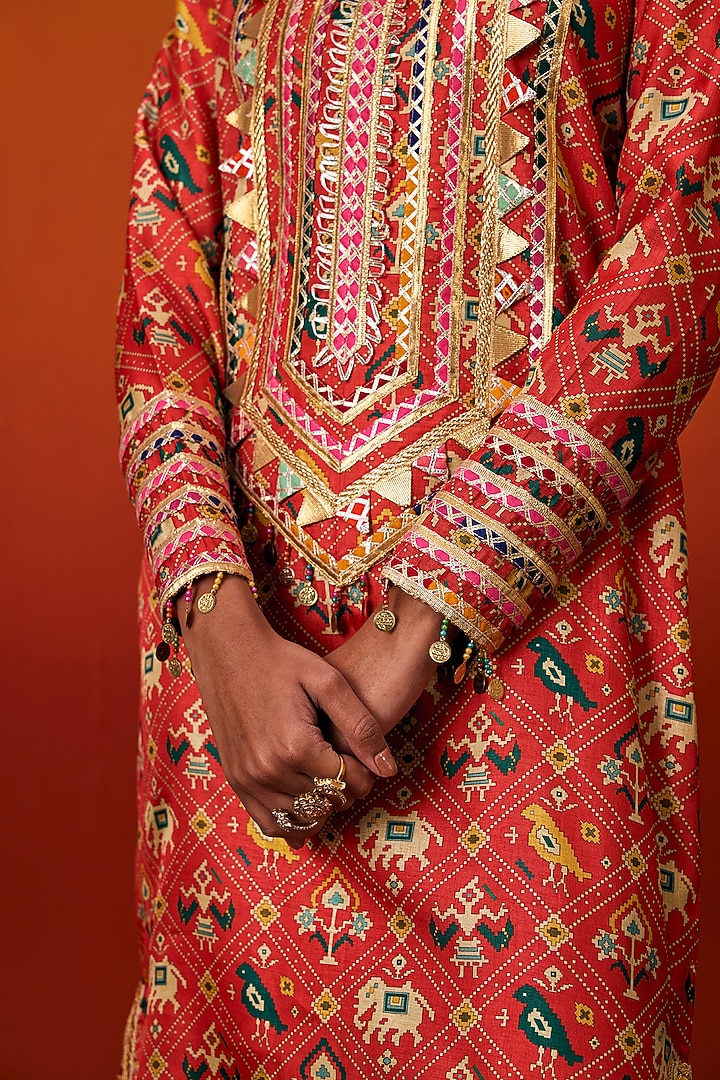 Orange Cotton Silk Patola Print Gota Embroidered Long Kaftan by EVRA BY NIKITA KHURANA at Pernia's Pop Up Shop