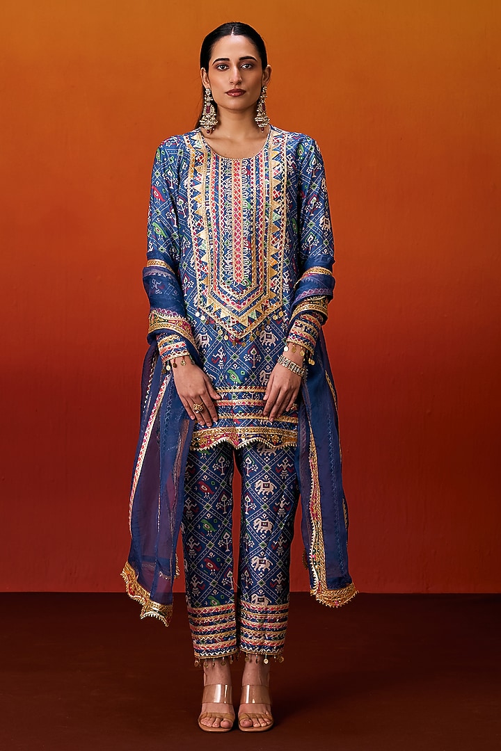 Blue Cotton Silk Patola Print Gota Embroidered Kurta Set by EVRA BY NIKITA KHURANA at Pernia's Pop Up Shop