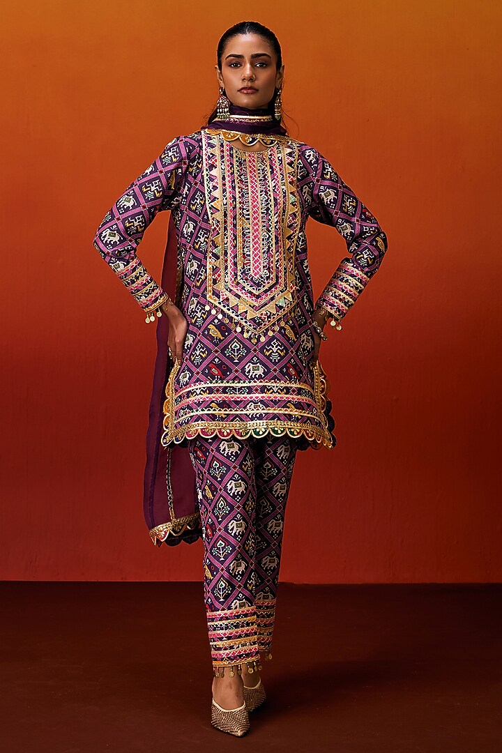 Purple Cotton Silk Patola Print Gota Embroidered Kurta Set by EVRA BY NIKITA KHURANA at Pernia's Pop Up Shop
