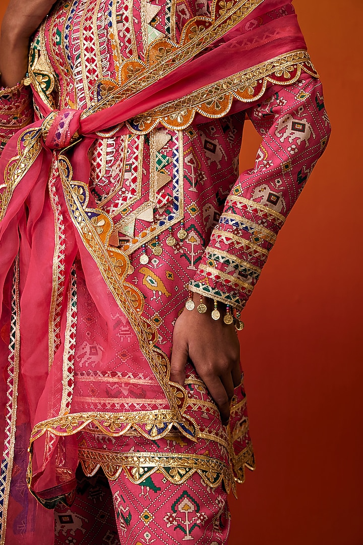 Pink Cotton Silk Patola Print Gota Embroidered Kurta Set by EVRA BY NIKITA KHURANA at Pernia's Pop Up Shop