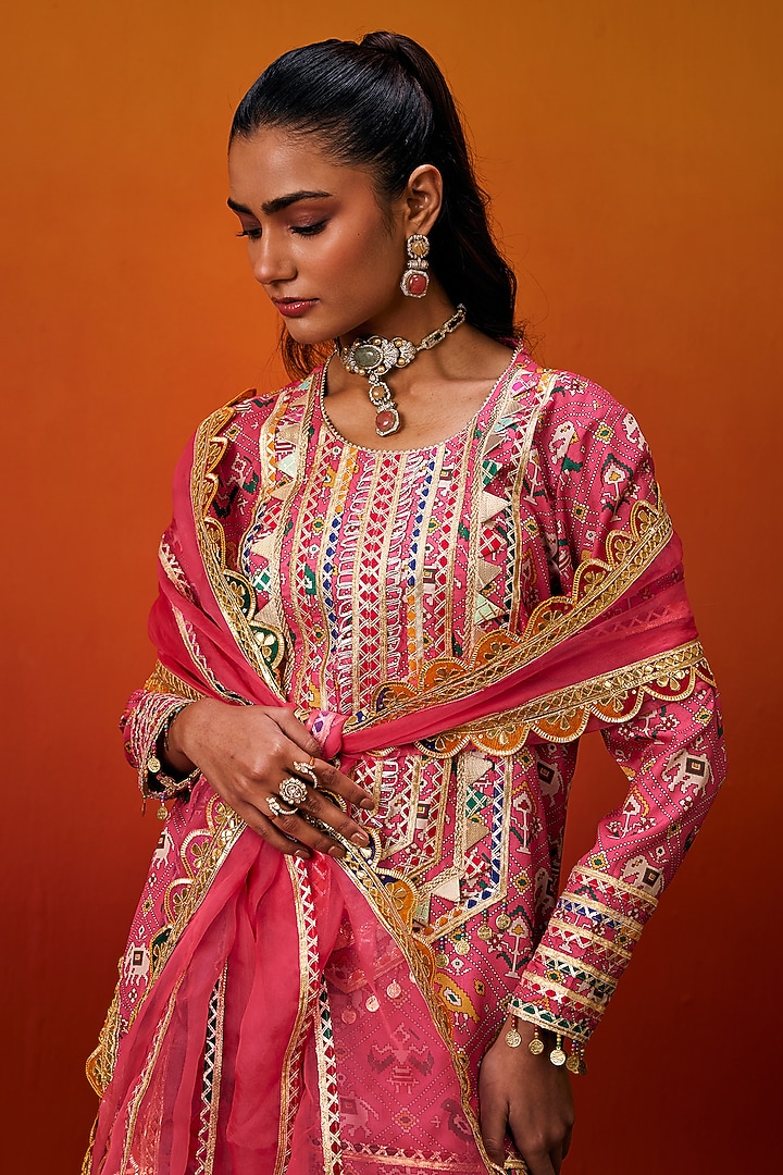 Pink Cotton Silk Patola Print Gota Embroidered Kurta Set by EVRA BY NIKITA KHURANA at Pernia's Pop Up Shop