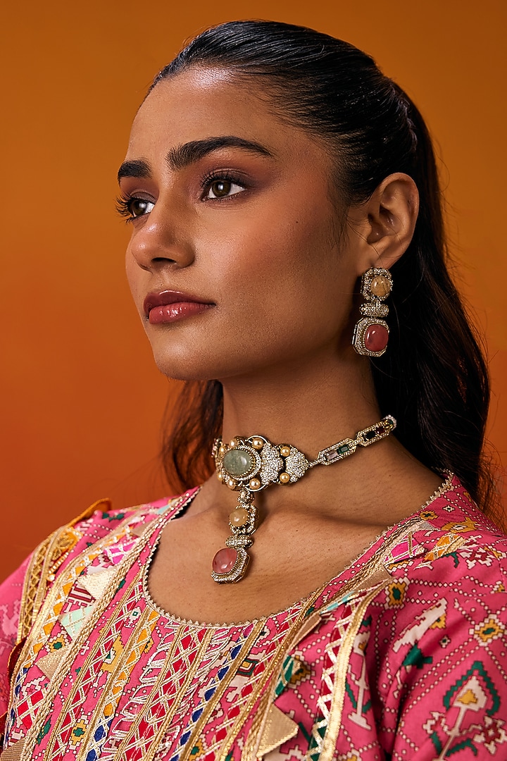 Pink Cotton Silk Patola Print Gota Embroidered Kurta Set by EVRA BY NIKITA KHURANA at Pernia's Pop Up Shop